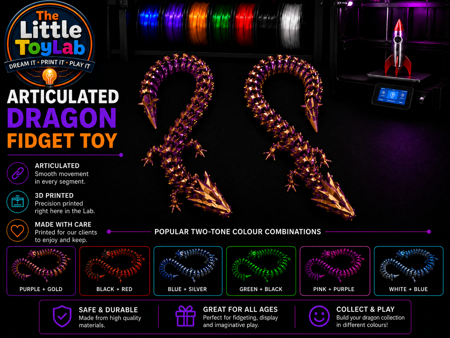 Gold and Purple Articulated Spiky Dragon